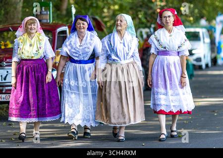 31. August 2025, Brandenburg, Burg (Spreewald): Teilnehmer der Trachtenparade im Rahmen des Lokal- und Trachtenfestes kommen in Trachtenverkleidungen an der Stätte an. Foto: Frank Hammerschmidt/dpa Stockfoto