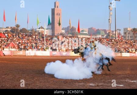 Eine Geschichte von Mut, Einheit und Erbe in einem einzigen Bild. Reiter in bunten marokkanischen Kostümen galoppieren in einer Fantasia-Show auf arabischen Pferden Stockfoto
