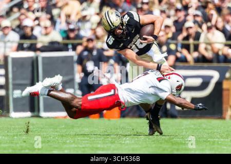 30. August 2025: Purdue Quarterback Ryan Browne (15) spielt mit dem Ball, während der Ball State Defensive Back Ashton Whitner (7) während der NCAA-Football-Action zwischen den Ball State Cardinals und den Purdue Boilermakers im Ross-Ade Stadium in West Lafayette, Indiana, spielt. John Mersits/CSM Stockfoto