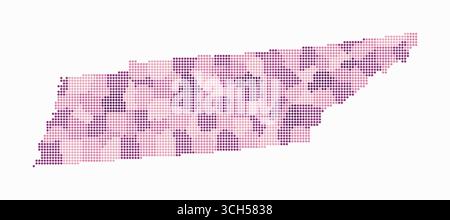 Tennessee gepunktete Karte. Digitale Karte des Zustands auf weißem Hintergrund. Tennessee-Form mit kreisförmigen Punkten. Farbige Punkte. Kleine Kreise. Stock Vektor