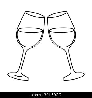 Durchgehende, einzeilige Zeichnung mit Beifall, zwei Gläser mit Champagner. Romantisches Toast-Konzept, editierbarer Strich. Stock Vektor