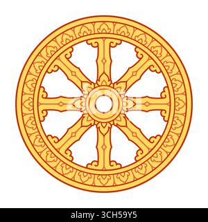 Thailändisches Dhammacakka-Rad (Dhammacakka), südostasiatisches Theravada-Buddhismus-Symbol. Verziertes goldenes Design. Illustration isolierter Vektorgrafik. Stock Vektor