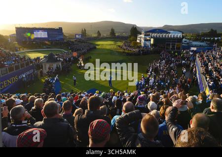 September 2014; Gleneagles, Perthshire, SCT; der europäische Martin Kaymer schlägt am Morgen im ersten Loch vier Bälle für den Ryder Cup 2014 auf dem Gleneagles Hotel-PGA Centenary Course ab. Stockfoto
