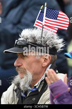 September 2014; Gleneagles, Perthshire, SCT; amerikanischer Fan neben dem 16. Green am Nachmittag, am ersten Tag des Ryder Cup 2014 im Gleneagles Resort - PGA Centenary Course. Stockfoto