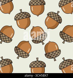 Acorn Cartoonmuster isolierte Vektorillustration auf weißem Hintergrund. Eichenobst. Realistischer Zeichentrickhintergrund Stock Vektor