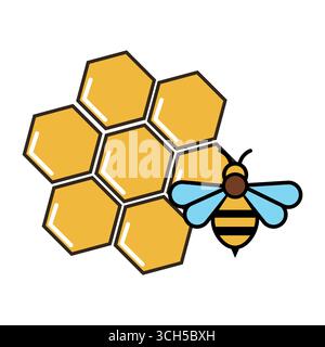 Vektorlogo mit Bienen- und Wabenmuster. Symbol für Honigbiene, Bienenstock, Biene, Honig, Bienenstock, Sammlung von Icons für die Imkerei in Linie, flach und Farbe. Vektor Stock Vektor