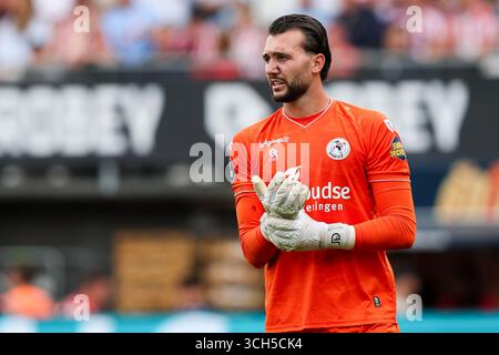 Rotterdam, Niederlande. 31. August 2025. ROTTERDAM, NIEDERLANDE - AUGUST 31: Joel Drommel von Sparta Rotterdam gibt während des niederländischen Eredivisie-Spiels zwischen Sparta Rotterdam und Feyenoord im Sparta-stadion Het Kasteel am 31. August 2025 in Rotterdam, Niederlande. (Foto von Hans van der Valk/Orange Pictures) Credit: Orange Pics BV/Alamy Live News Stockfoto