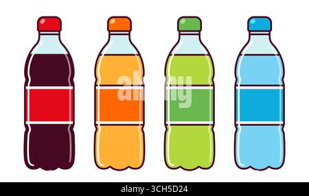 Getränke in Plastikflaschen Symbol Set. Cola, Orangensoda, Wasser, grüner Eistee. Einfache flache Vektor-Illustration von abgefüllten Getränken. Stock Vektor
