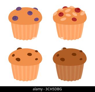Muffin-Symbolset. Heidelbeere, Preiselbeere und Mandel, Schokolade und Schokoladenchips. Vektor-Illustration in niedlicher Hand gezeichneter Zeichentrickstil. Stock Vektor