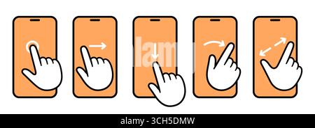 Smartphone Touchscreen Fingergesten Symbole. Tippen, wischen, scrollen, Ziehen und Ziehen zum Zoomen. Cartoon Hand gezeichneter Vektor Illustration Set. Stock Vektor