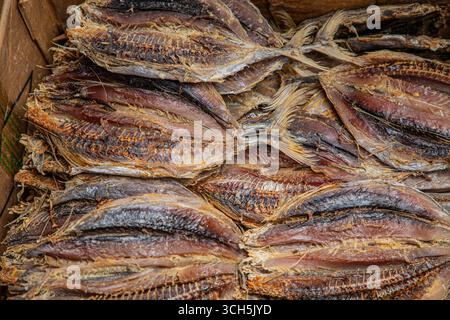 Mehrere Sorten tropischen Gemüses, die ordentlich auf dem lokalen Markt in Sri Lanka verkauft werden. Getrockneter Salzfisch Stockfoto
