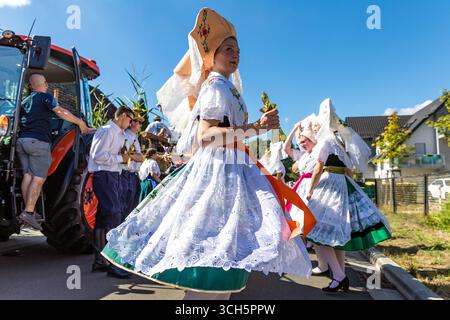31. August 2025, Brandenburg, Burg (Spreewald): Teilnehmer der Parade im Rahmen des lokalen und traditionellen Trachtenfestes tanzen sich am Line-Up-Standort in die richtige Stimmung. Foto: Frank Hammerschmidt/dpa Stockfoto