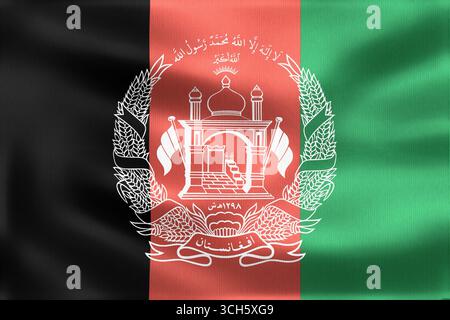 Die Nationalflagge Afghanistans winkt im Wind, mit komplizierten Details des Emblems und einer realistischen Stoffstruktur Stockfoto