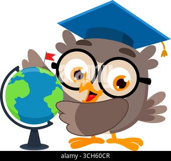 Der Niedliche Eulen-Lehrer-Cartoon-Charakter Zeigt Auf Globe Und Unterrichtet Geographie. Vektorabbildung Flache Konstruktion Isoliert Auf Transparentem Hintergrund Stock Vektor