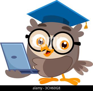 Eulenlehrer Cartoon Figur Mit Laptop Teaching Online. Vektorabbildung Flache Konstruktion Isoliert Auf Transparentem Hintergrund Stock Vektor