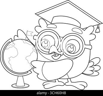 Der Niedliche Eulen-Lehrer-Cartoon-Charakter Zeigt Auf Globe Und Unterrichtet Geographie. Schwarz-weiß-Vektor-handgezeichnete Illustration Stock Vektor