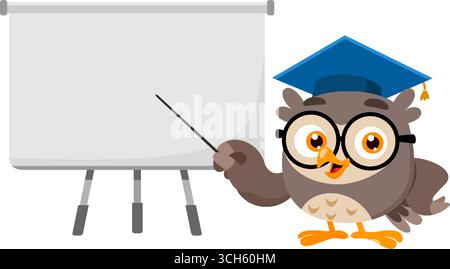 Eulen-Lehrer-Cartoon-Figur Erklärt Lektion Mit Zeiger-Stick Vor Der Leeren Präsentationstafel. Vektorabbildung Flache Konstruktion Stock Vektor