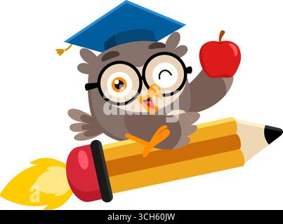 Eulenlehrer Cartoonfigur Fliegt Auf Rocket Pencil Und Hält Apple Stock Vektor