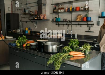 Eintopf auf Glaskeramikherd mit Gemüse auf Kücheninsel Stockfoto