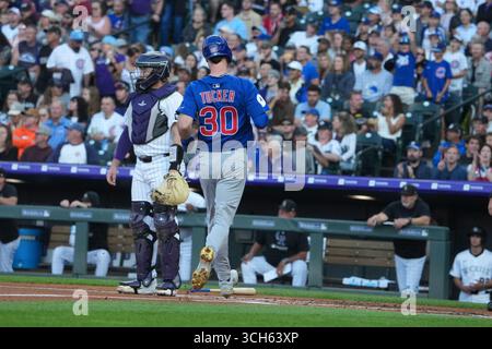 30 2025. August: Kyle Tucker (30) erzielt einen Lauf während des Spiels zwischen den Chicago Cubs und den Colorado Rockies im Coors Field in Denver Co. David Seelig/Cal Sport Medi Stockfoto