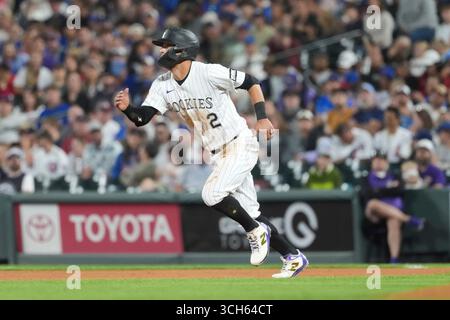 August 30 2025: Tyler Freeman (2) leitet die Basen während des Spiels zwischen den Chicago Cubs und den Colorado Rockies, das im Coors Field in Denver Co stattfindet. David Seelig/Cal Sport Medi(Bild: © David Seelig/Cal Sport Media/Cal Sport Media)cx (Bild: © David Seelig/Cal Sport Media/Cal Sport Media) Stockfoto