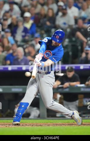30 2025. August: Kyle Tucker (30) schlägt im Spiel zwischen den Chicago Cubs und den Colorado Rockies im Coors Field in Denver Co. Ein Doppelspiel. David Seelig/Cal Sport Medi Stockfoto