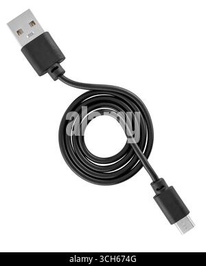 Schwarzes Kabel mit Micro-USB- und USB-Anschlüssen, auf weißem Hintergrund in Isolierung Stockfoto