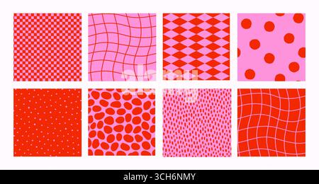 Nahtloses Muster in Rot und Rosa mit Punkten, Karomuster, Konfetti, Diamant, Quadrat, Rauten- und wellige Gitterelemente im Retro-Vektor-Stil. Toll für Stock Vektor