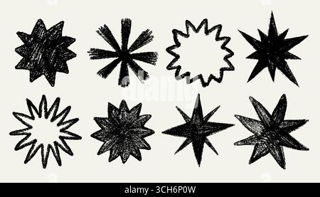 Buntstift-Stern-Set mit auffälliger Skizzierstruktur in Schwarz, handgezeichneten spitzen und abstrakten Sternformen im verspielten Kreidestil. Buntstiftsternillustration mit Stock Vektor