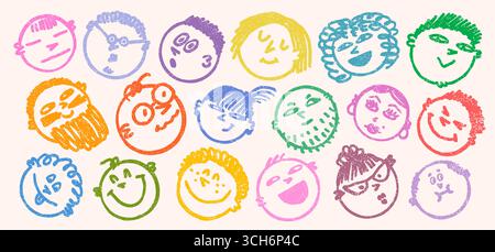Doodle-Emoji mit einem Lächeln in farbenfroher Stempelstruktur. Gesichtssymbole kritzeln Zeichnungen mit Buntstift-Textureffekt. Perfekt für Kinderdesigns, Aufkleber Stock Vektor