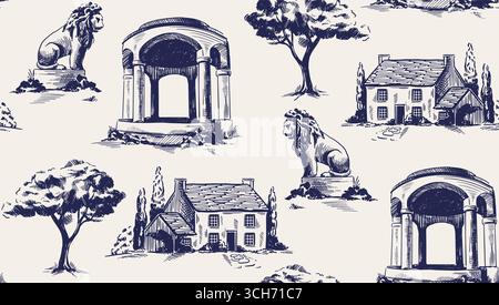 Vintage Viktorianisches Nahtloses Muster. Wiederkehrendes Ornament im Toile de Jouy-Stil mit Retro-Statue, Herrenhaus und Pavillon mit Säulen. Handgezeichnet Stock Vektor