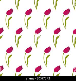 Rote Tulpen im Cartoon-Stil. Süße Frühlingsblumen. Nahtloses Muster. Vektorabbildung. Stock Vektor