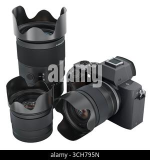 Digitalkamera und drei Objektive mit Blütenblatt-Objektivhauben, professionelle Fotoausrüstung, 3D-Rendering isoliert auf weißem Hintergrund Stockfoto