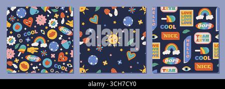 Grooviger Retro-Aufkleber Nahtloses Muster-Set Stock Vektor