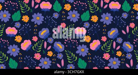 Leuchtendes nahtloses Blumenmuster mit rosa, lila Blumen, Blättern und grünen Ästen. Lebendiger botanischer Hintergrund für Textilien, Karten, Tapeten Stock Vektor