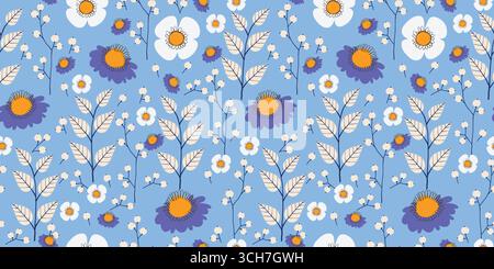 Nahtloses Blumenmuster mit weißen und lila Blumen auf blauem Hintergrund. Lebendige botanische Kulisse für Textilien, Karten, Tapeten und Verpackungen. Stock Vektor
