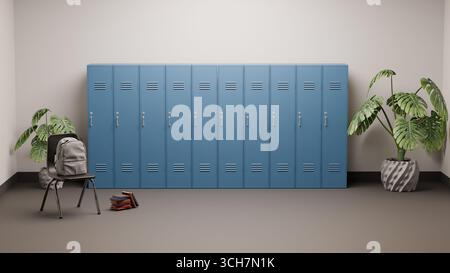 Eine Reihe von Schulschränken mit Rucksack, Stuhl und Pflanzendekor in einem hellen, modernen Flur, die das Konzept von Bildungs- und Lernräumen repräsentieren. Stockfoto
