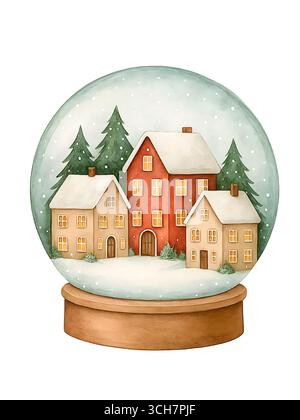 Aquarell Weihnachten Schneekugel mit festlicher Feiertagsszene, süße Winter Illustration Stockfoto