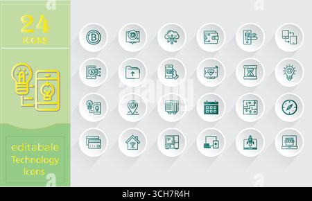 Editierbare Technologie-Symbole, 24 moderne digitale Vektorsymbole für App, Web, Blockchain, künstliche Intelligenz, Kommunikation, und Netzwerkdesign. Stock Vektor