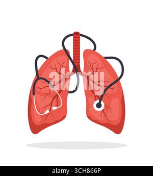 Lungenpflegekonzept. Ärztliche Untersuchung. Grosse realistische Lunge mit Stethoskop. Illustration des abgewickelten Vektors Stock Vektor