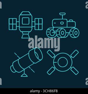 Neontürkis-Umrisse im Dunkeln zeigen einen umlaufenden Satelliten, einen rover mit Rädern, ein Bodenteleskop und ein Stationsnabensymbol. Stock Vektor