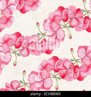 Rosa Geranie Blumen und Knospen Wellen nahtloses Aquarellmuster auf beigem Hintergrund. Handgemaltes Blumendesign, perfekt für Stoffdrucke und Geschenke Stockfoto
