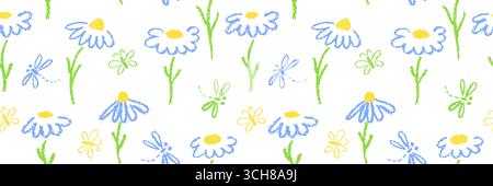 Handgezeichnetes nahtloses Kamillenmuster mit Libellen- und Schmetterlingsmotiven. Pastellfarbene Buntstifte und Wachsgeräusche sorgen für eine raue Schultafel Stock Vektor