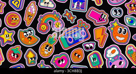 Psychedelische Retro Pop Emoticon Muster auf schwarzem Hintergrund - groovige Cartoon Aufkleber mit Neon Regenbogen, lächelnde Gesichter, Blumen und Symbole für funky Tapetendesign, Vintage ästhetische digitale Kunst. Stock Vektor