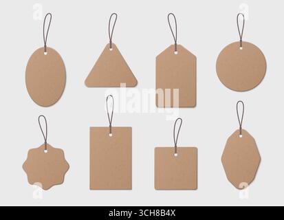 Braune Preisanhänger mit Schnur für Rabattetiketten oder Displays im Einzelhandel. Kraftpapier formt Designs mit Kordelschlaufen. Leere Vintage-Etiketten für Verkaufswerbung oder Produktkennzeichnung. Stock Vektor