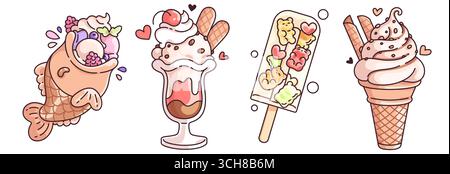 Kawaii Eisdesserts - Taiyaki-Waffeln gefüllt mit kalter Beerenbonbons, Eisbecher mit Kirsche und Keksen, Eis mit Gummibären dekoriert, weiche, wirbelförmige Kegel. Leckereien für das Sommerdesign. Stock Vektor
