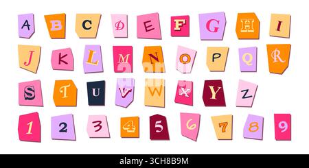 Verspieltes Schneiden von Buchstaben – y2k-Alphabet mit Papierausschnitt. Großbuchstaben für kreative Projekte. Abgerissene Kanten mit gemischten Schriftarten, Satzzeichen und geneigten Winkeln für das Scrapbook Stock Vektor
