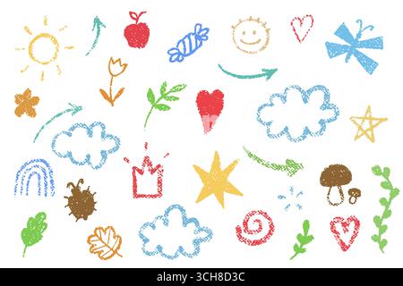 Niedliche handgezeichnete Blume und Wolke im Stile für Kinder. Kritzele Sommer-Vektor-Illustration für Schule, Spielzimmer und Design-Verwendung Stock Vektor