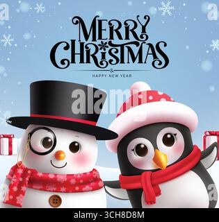 Merry Christmas Snowman and Pinguin Grußkarte Clipart. Schneemann und Pinguin niedliche Figuren ClipArt mit frohen Weihnachten und Happy New Year Stock Vektor