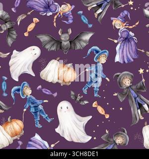 Nahtloses Muster für Halloween. Wiederhole den Hintergrund mit Zauberer, Fee oder Hexe auf Besenstiel, Geist und Kürbis. Handgezeichnete Fantasie Stockfoto